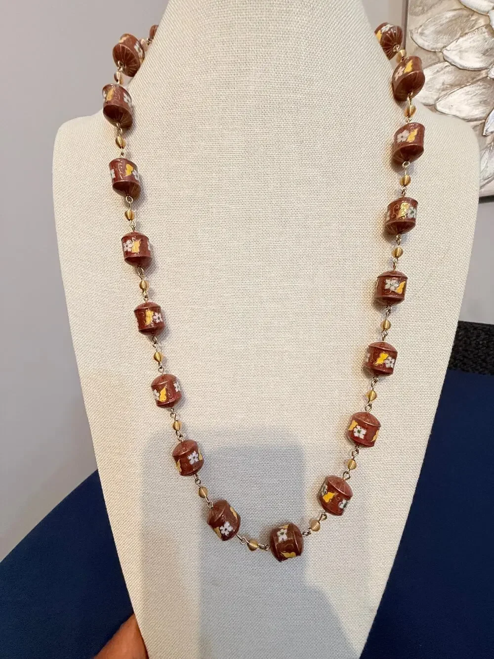 Vintage 30” Brown Cloisonné Barrel Bead Necklace